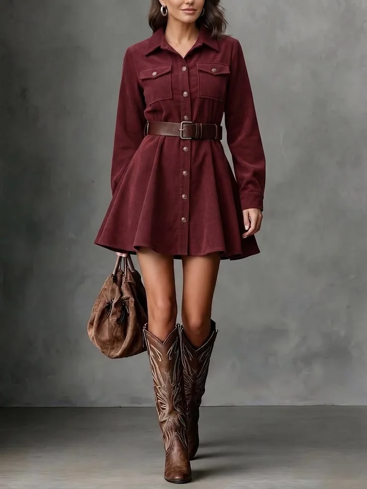 17 Fall Outfits with Boots That Make Getting Dressed Feel So Much Easier 17 Shirt Dress Belt and Tall Boots