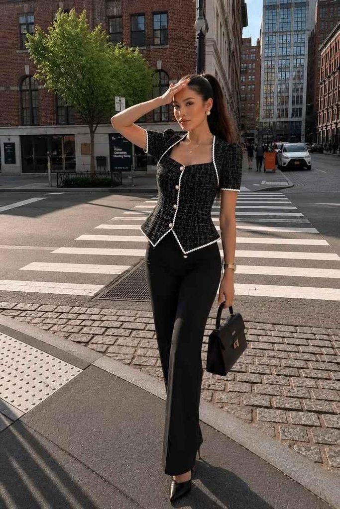 Workday Style Made Simple: 17 Office Fall Outfits to Wear on Repeat 8 Short Sleeve Tweed Top With Wide Trousers