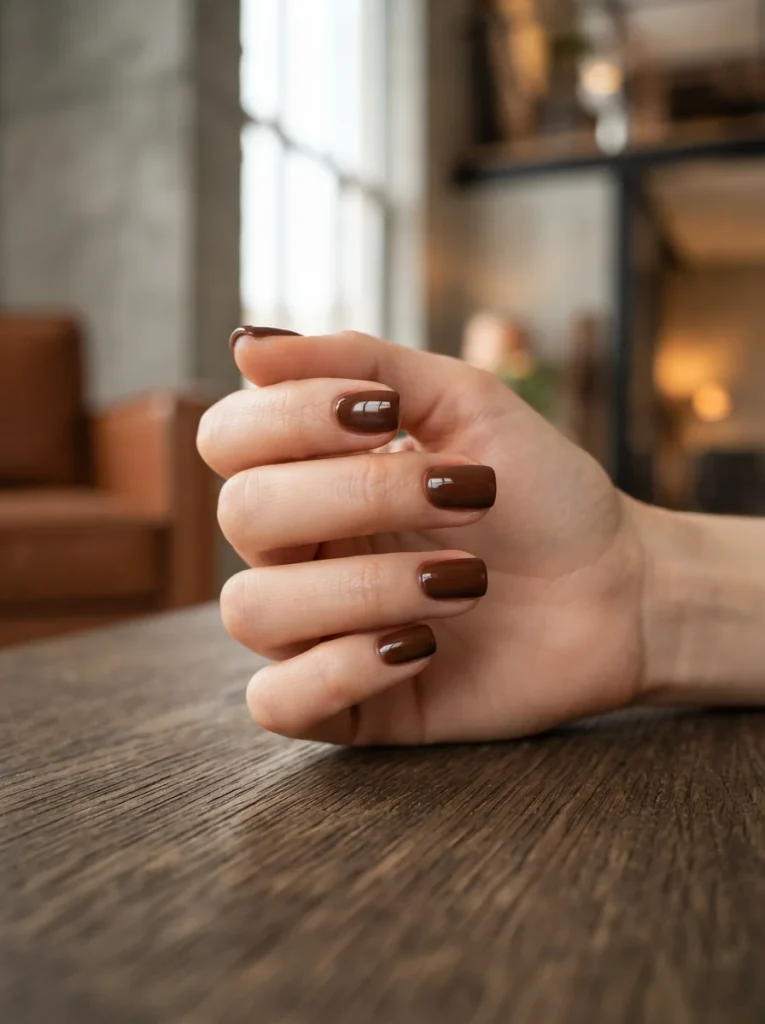 17 Brown Fall Nails That Look Expensive, Cozy, and Perfect for Autumn 14 Short Square Cocoa Brown Fall Nails