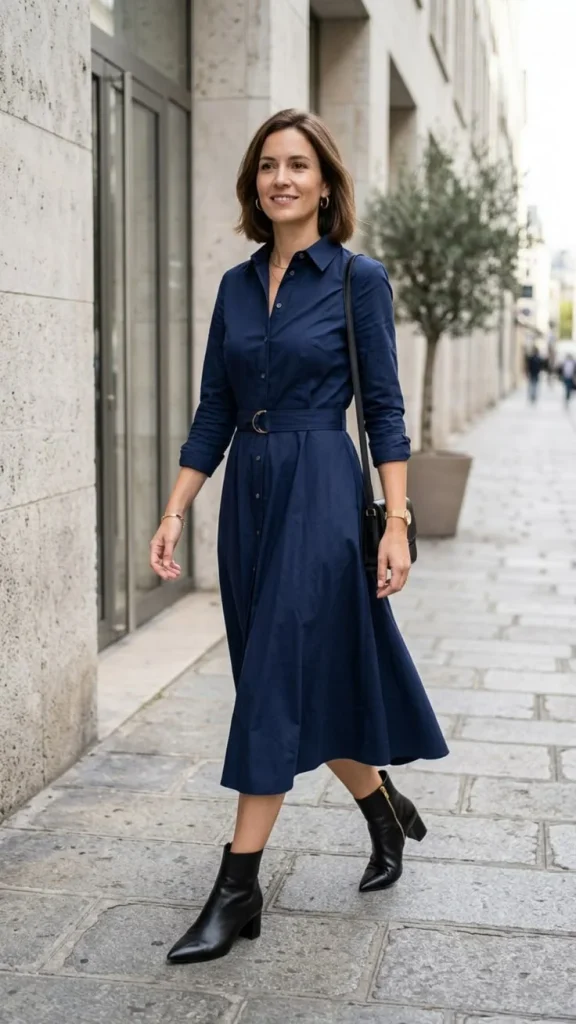15 Early Fall Outfits That Make the Seasonal Style Switch Feel Effortless 3 Simple Midi Dress With Ankle Boots