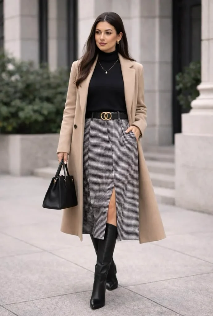 15 Fall Outfits Skirt Lovers Can Wear for an Effortlessly Chic Season 15 Skirt With Knee High Boots and a Long Coat