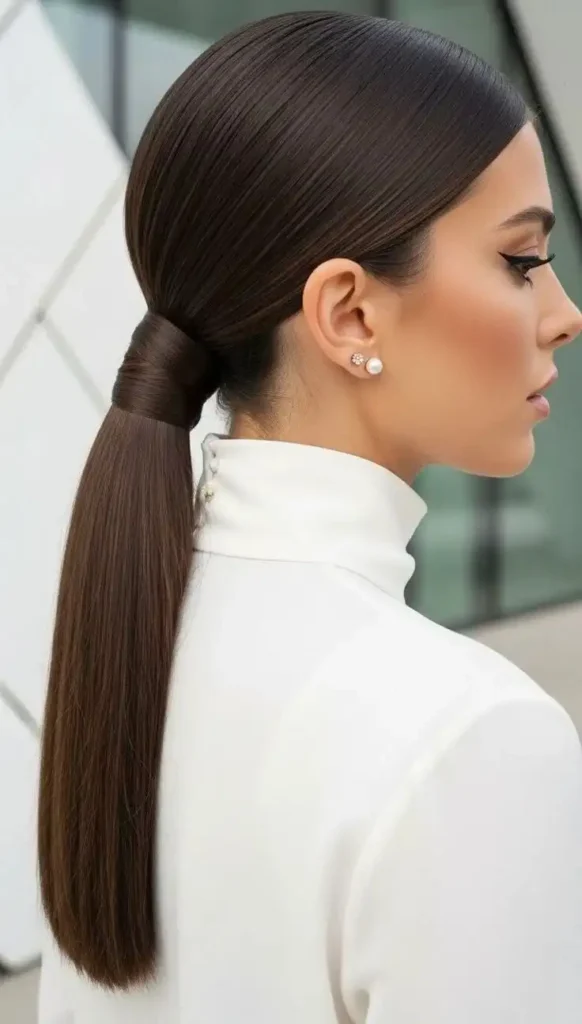 Make Busy Mornings Easier with 16 Work Hairstyles for Long Hair 1 Sleek Low Ponytail 1
