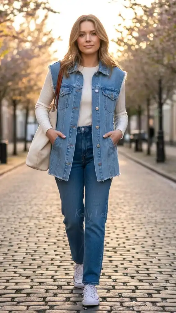 The Denim Layer You’ll Keep Reaching For: 14 Jean Jacket Outfits Fall Is Made For 12 Sleeveless Denim Jacket With a Knit Top