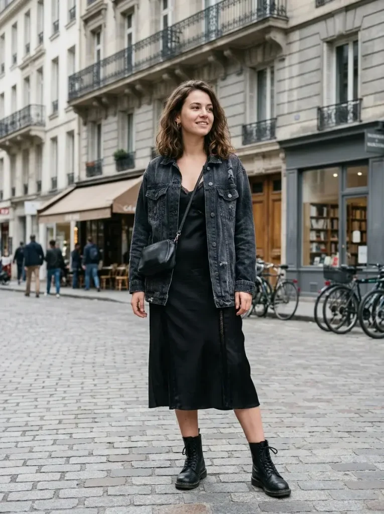 14 Jean Jacket Outfits for Fall (Sorted by What Your Day Actually Looks Like) 10 Slip Dress Jacket Boots