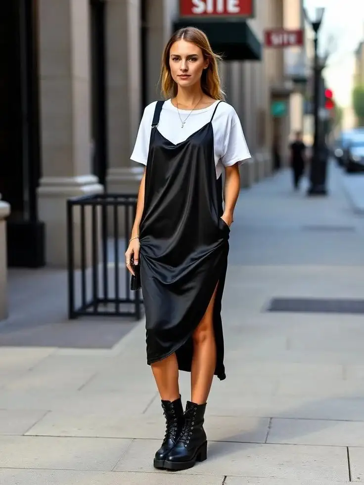 Your Fall Wardrobe Just Got Cooler: 14 Edgy Fall Outfits with Serious Attitude 6 Slip Dress with Combat Boots