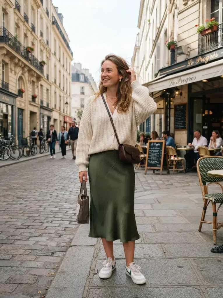 15 College Fall Outfits, Built From 5 Formulas You'll Actually Reuse 10 Slip Skirt Oversized Cardigan Retro Sneakers