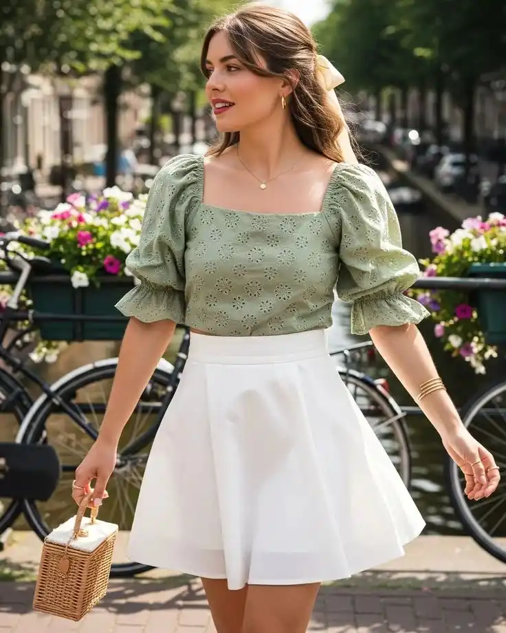 Easy Layers, Great Fits: 14 Midsize Fall Outfits That Feel So Good 8 Smocked Blouse With an A Line Mini Skirt