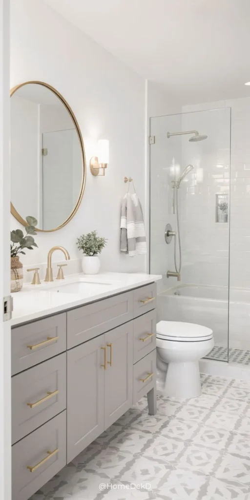 18 Grey Bathroom Ideas That Look Straight Out of a Luxury Spa (Without the Luxury Price Tag) 6 Soft Grey Bathroom With Gold Hardware