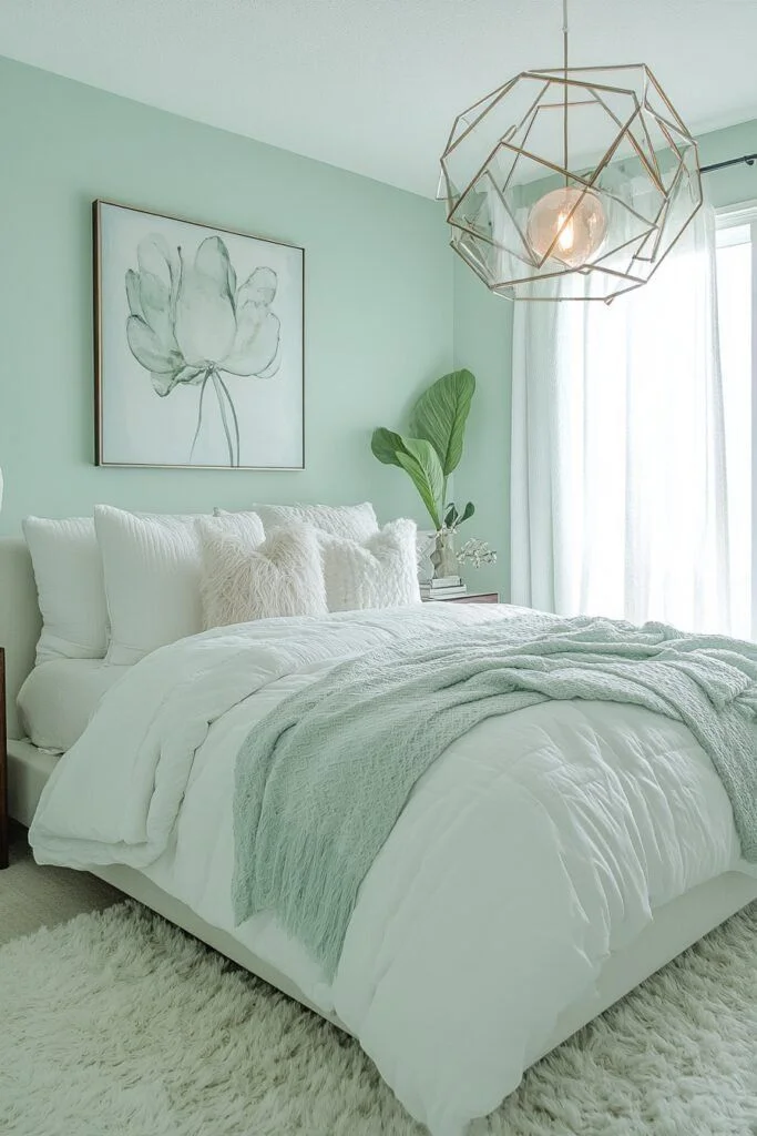 19 Green Bedroom Ideas That Are So Cozy & Chic You’ll Want to Redecorate This Weekend 10 Soft Mint Green Bedroom