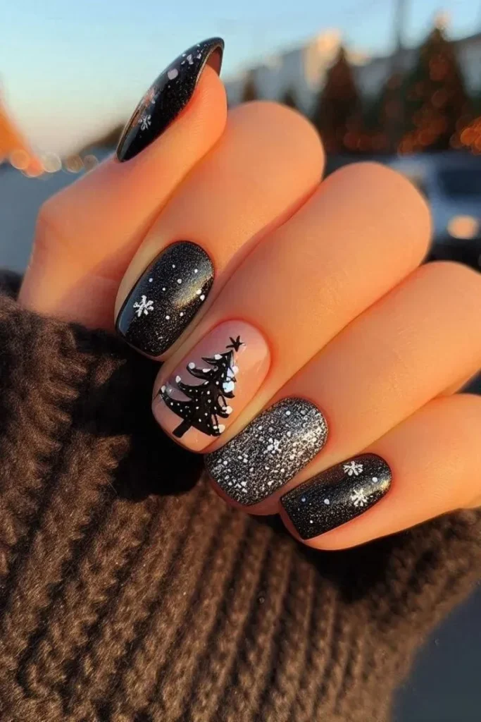 Dark, Festive, and Seriously Chic: 16 Black Christmas Nails for a Stylish Holiday Look 7 Sparkly Black Christmas Nails