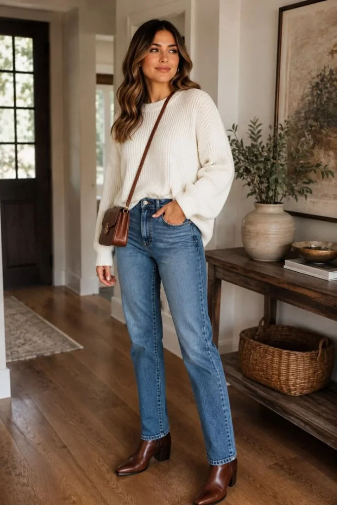 17 Fall Outfits with Boots That Make Getting Dressed Feel So Much Easier 1 Straight Leg Jeans Knit Sweater and Ankle Boots