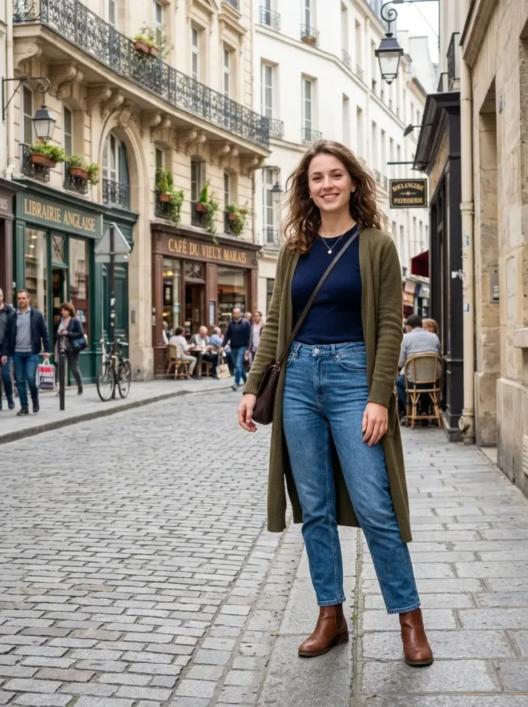 14 Midsize Fall Outfits That Actually Fit Real Life 3 Straight leg jeans fitted long sleeve longline cardigan