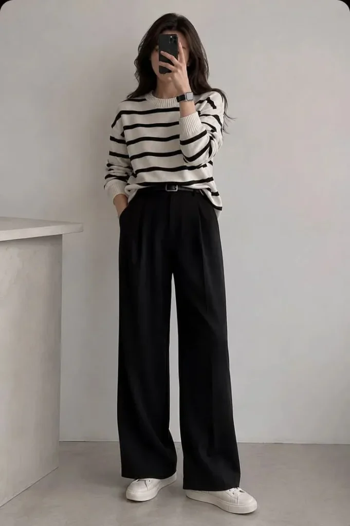 14 Fall Outfits Aesthetic Looks That Make Cozy Dressing Feel Effortlessly Stylish 13 Striped Sweater With Black Trousers