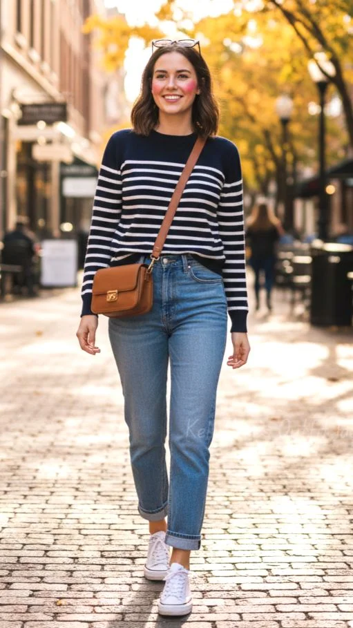 Back-to-Class Style Made Easy: 16 Fall Outfits for School You’ll Actually Want to Wear 7 Striped Sweater With Blue Jeans