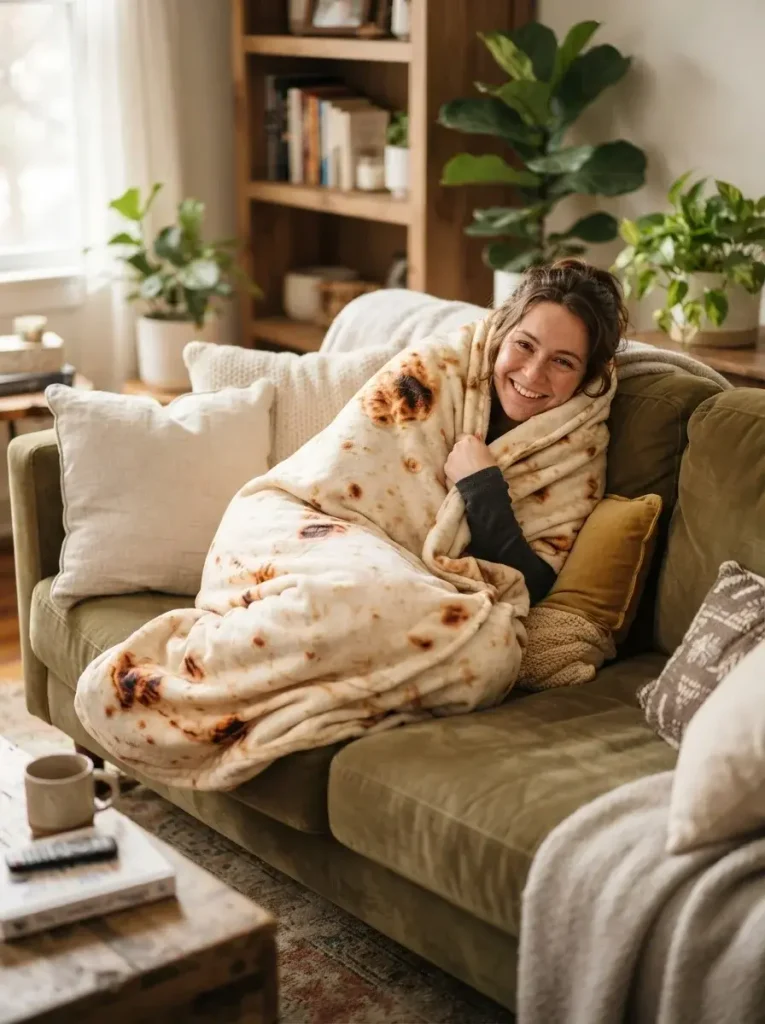 Swaddled as a burrito with a printed wrap