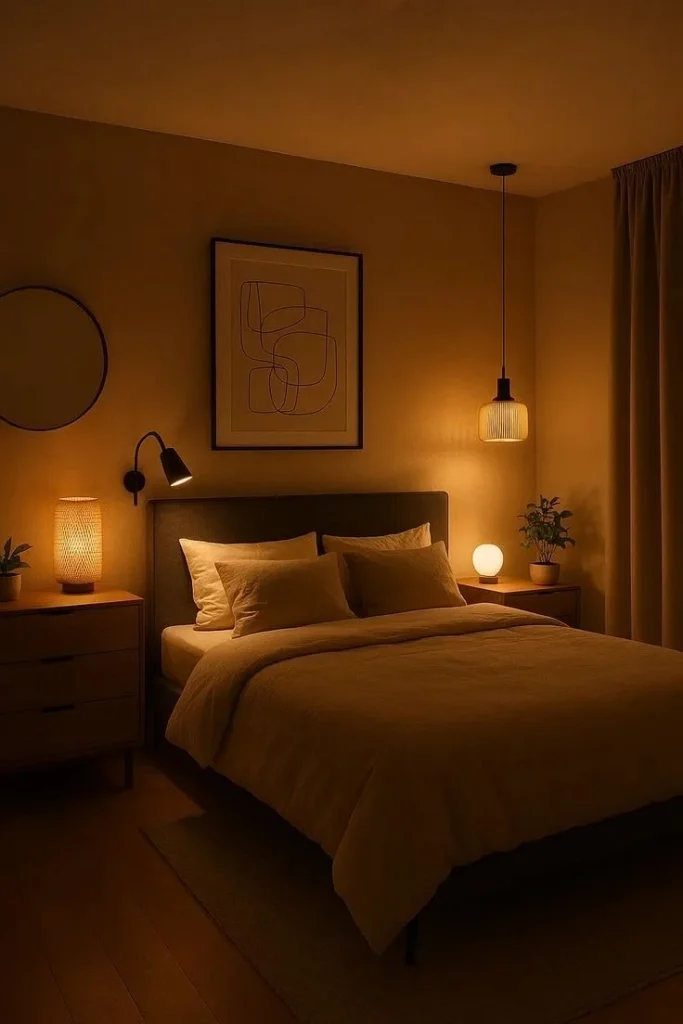 Your Bedroom Deserves This Glow-Up: 19 Cozy Bedroom Ideas That Make Every Night Feel Like a Luxury Staycation 2 Swap Overhead Lighting for Warm Lamps