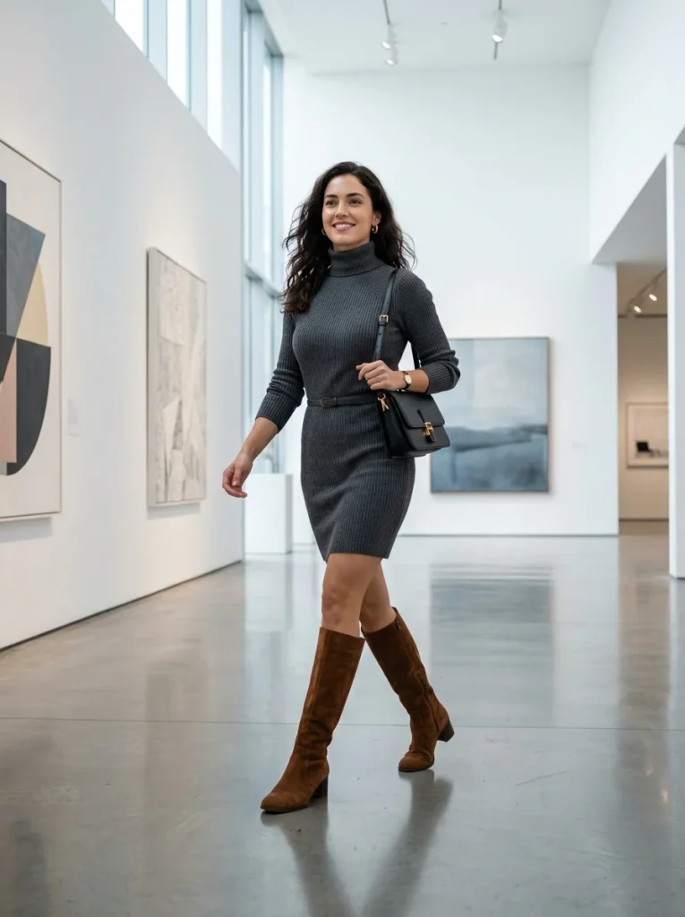 15 Fall Outfits for Women That Create Effortless Autumn Style Everyone Loves 9 Sweater Dress With Tall Boots