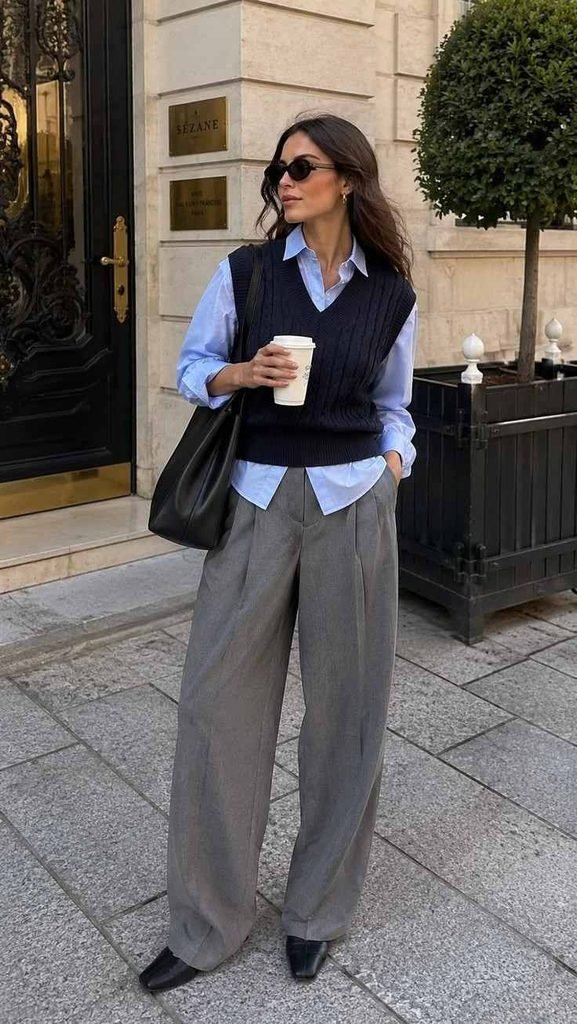 16 Fall Work Outfits That Make Getting Dressed for the Office So Much Easier 7 Sweater Vest Over a Button Down Shirt