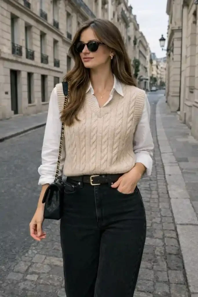 15 Casual Fall Outfits That Make Everyday Dressing Feel Effortless 11 Sweater Vest Over a White Shirt 1