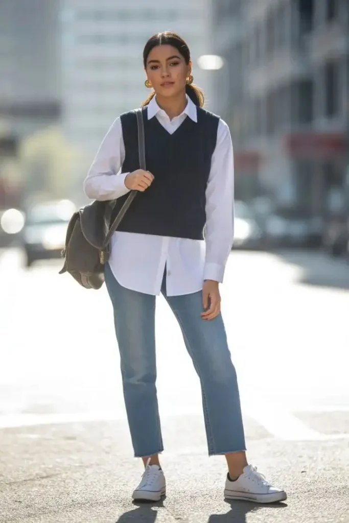Leggings, But Make It Fall: 14 Fall Outfits Leggings Lovers Will Live In 10 Sweater Vest Over a White Shirt 3