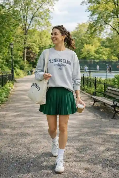 14 Fall Outfits Aesthetic Looks That Make Cozy Dressing Feel Effortlessly Stylish 8 Sweatshirt With a Tennis Skirts