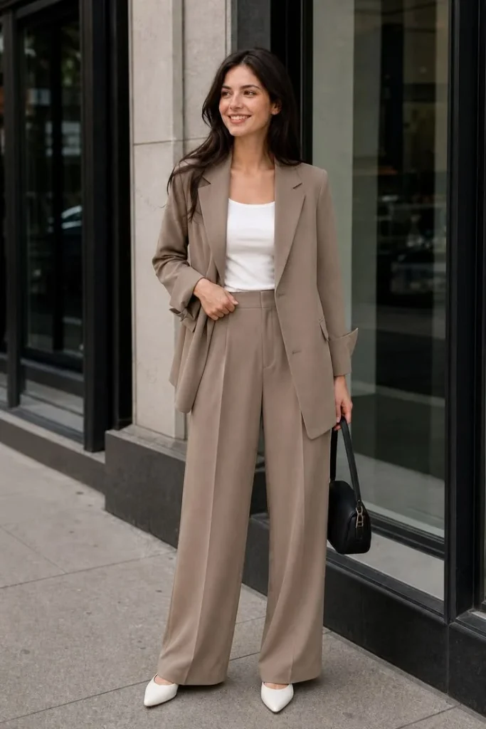 16 Fall Work Outfits That Make Getting Dressed for the Office So Much Easier 1 Tailored Blazer With Straight Leg Trousers