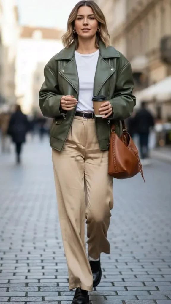 One Jacket, So Many Moods: 15 Leather Jacket Fall Outfits 7 Tan Leather Blazer With Olive Culottes
