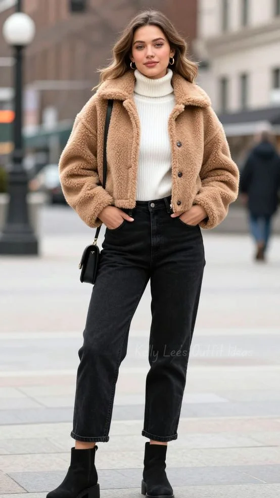 16 Fall Winter Outfits That Make Cold-Weather Dressing Feel Effortless 15 Teddy Jacket With Relaxed Denim