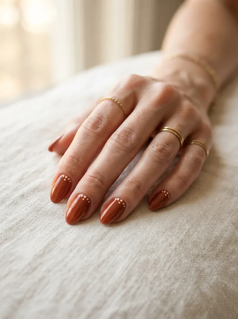 Terracotta with Delicate Dot Detailing Fall Almond Nails
