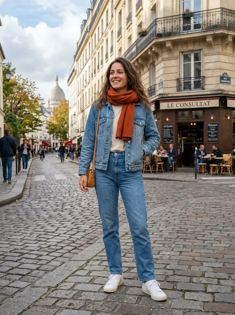 13 Fall Outfits Pumpkin Patch That Look Cute and Survive the Mud 11 The Double Denim and Orange Scarf