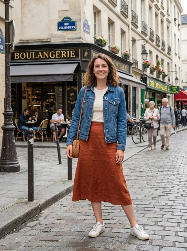 13 Fall Outfits Pumpkin Patch That Look Cute and Survive the Mud 3 The Rust Midi Skirt and Denim Jacket