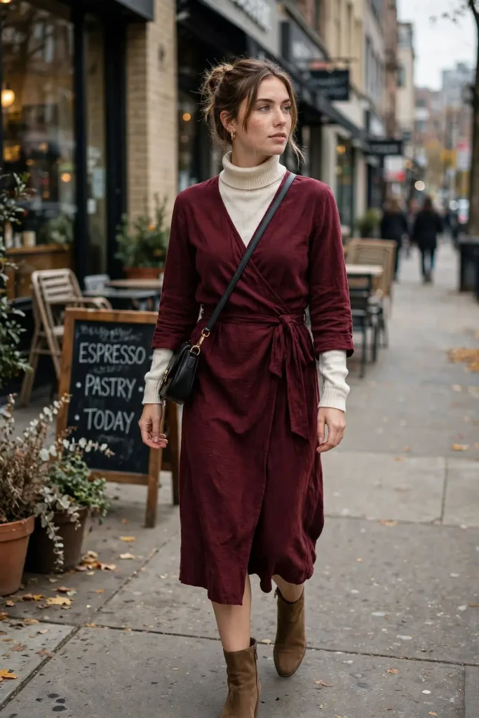 15 Fall Outfit Dresses That Will Make You Look Instantly Chic This Season 13 The Wrap Dress Layered with a turtleneck peeking out