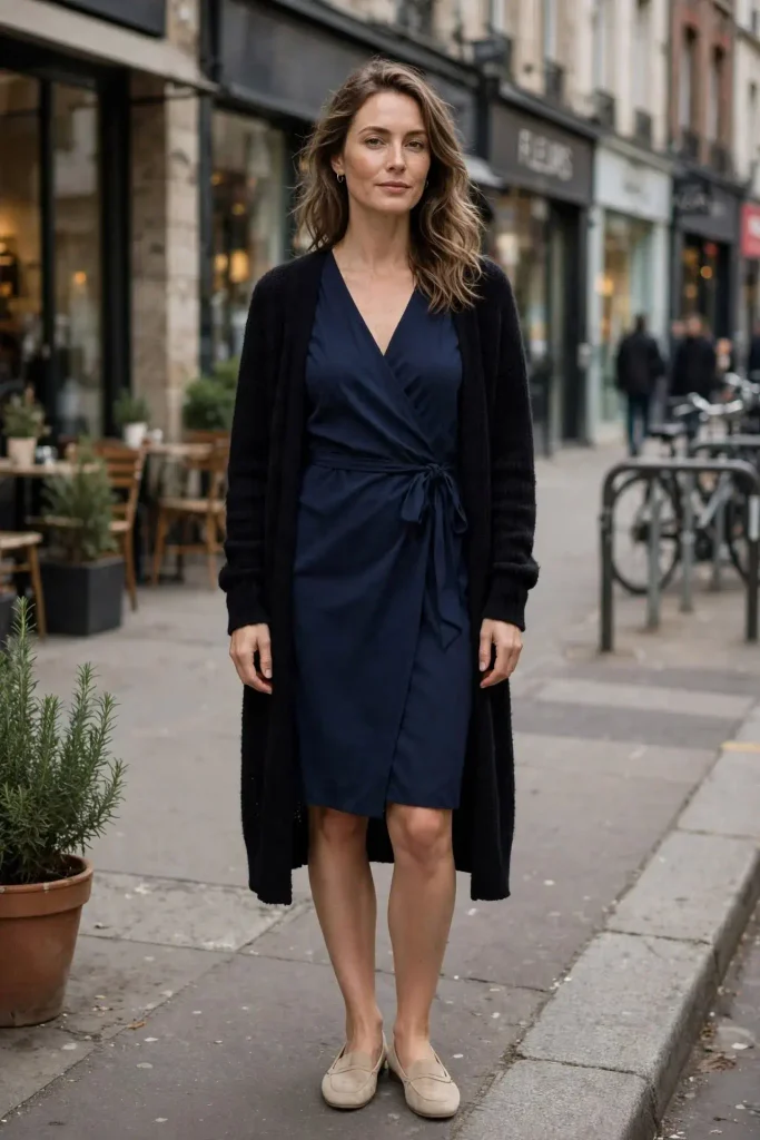 15 Fall Outfit Dresses That Will Make You Look Instantly Chic This Season 12 The Wrap Dress With a long cardigan