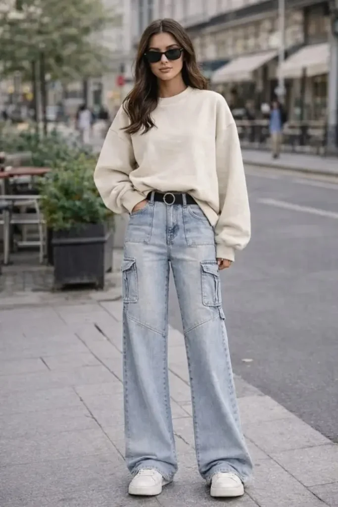 From Early Classes to Late Coffee Runs: 15 College Fall Outfits 7 Thermal Top With Relaxed Cargo Jeans