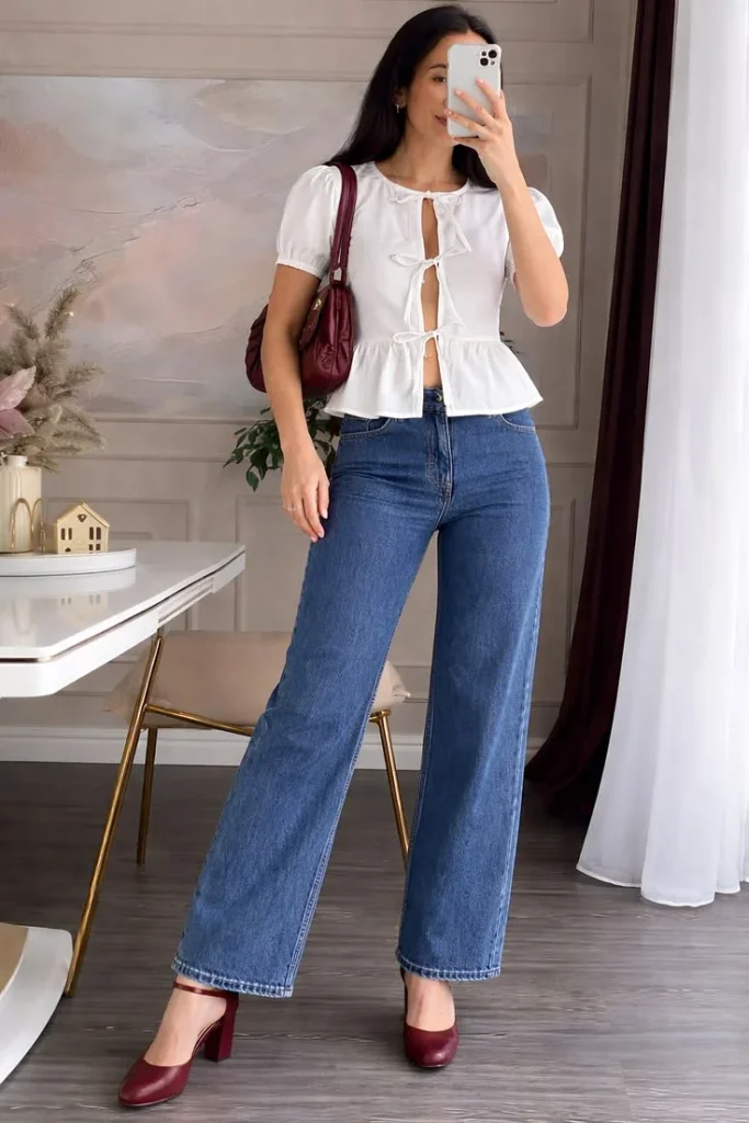 Your Cozy Season Style Guide: 16 Plus Size Outfits for Fall 1 Tie Front Blouse With Wide Leg Jeans