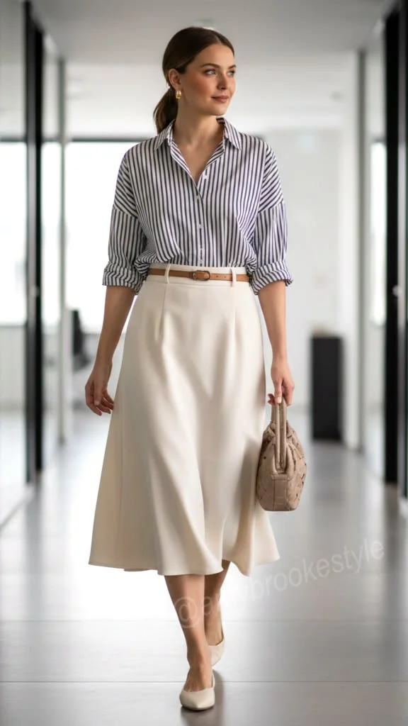 Workday Style Made Simple: 17 Office Fall Outfits to Wear on Repeat 9 Tie Waist Shirt With Straight Midi Skirt