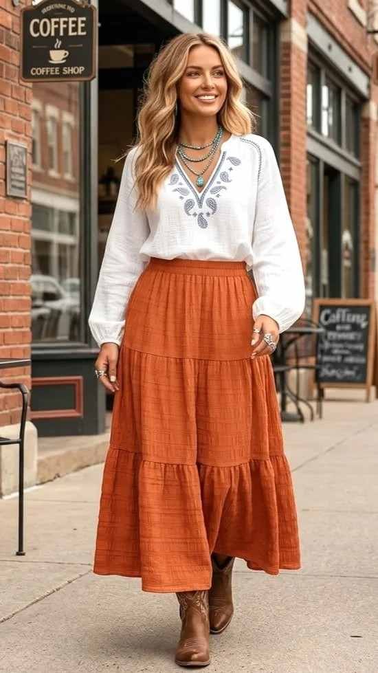Covered, Comfortable, and So Stylish: 16 Modest Fall Outfits 3 Tiered Maxi Skirt With a High Neck Blouse