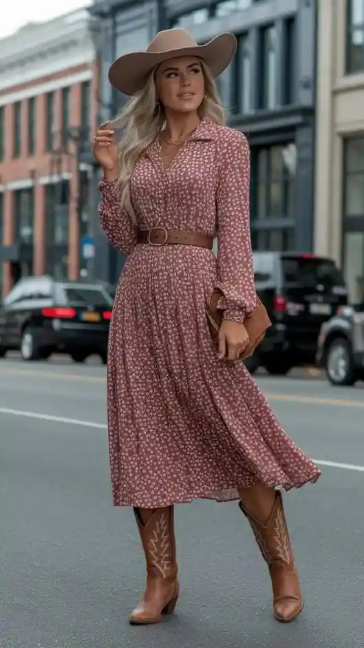 Dress Season Isn’t Over: 15 Fall Outfits Dress Lovers Will Adore 11 Tiered Midi Dress With Cowboy Boots