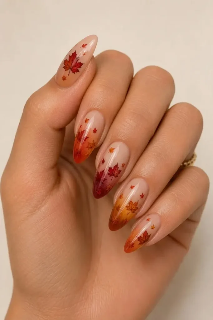 13 Fall Aesthetic Nails That Make Every Autumn Outfit Feel More Put Together 9 Tiny Autumn Leaf Nails