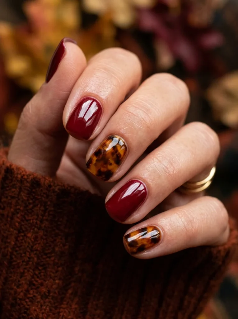 15 Red Fall Nails That Will Make Your Autumn Manicure Look Rich and Luxurious 9 Tortoiseshell on Deep Red