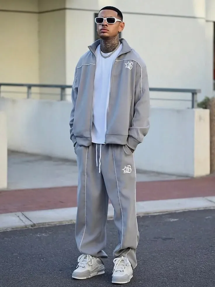 Cooler Weather, Sharper Fits: 13 Men Streetwear Fall Outfits 2 Track Jacket With Wide Leg Trousers