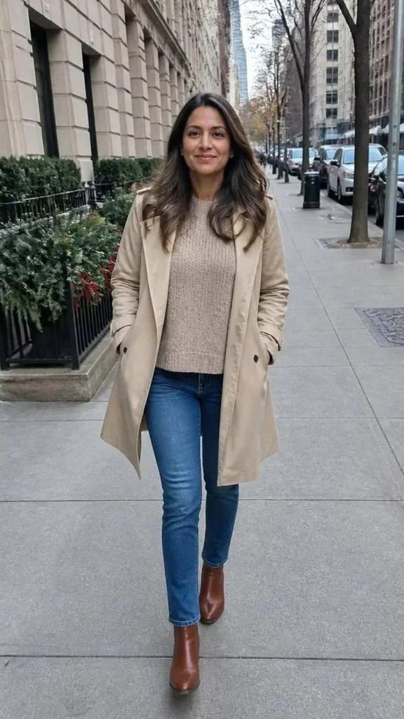 17 Fall Outfits with Boots That Make Getting Dressed Feel So Much Easier 10 Trench Coat Jeans and Heeled Boots