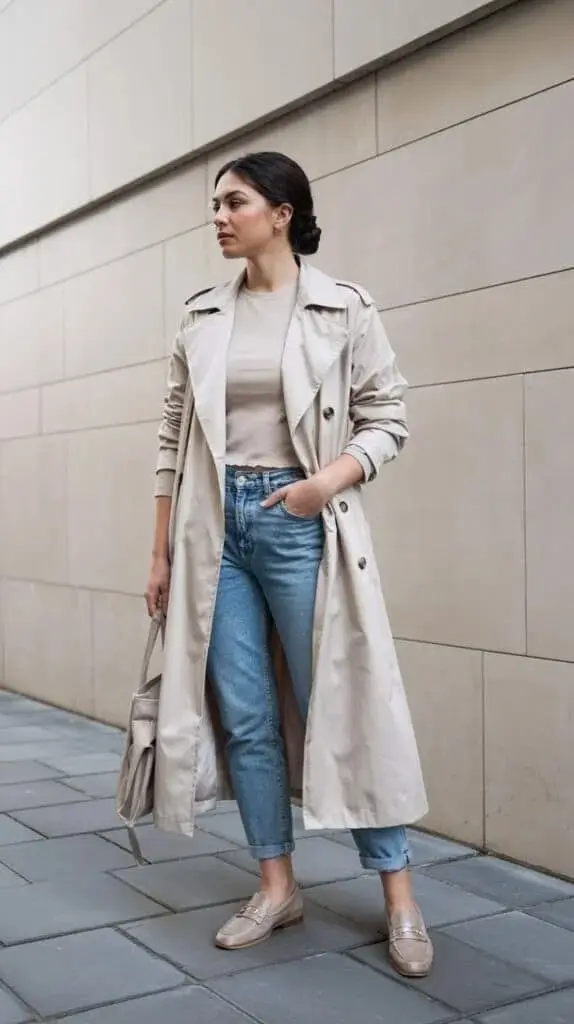 Leggings, But Make It Fall: 14 Fall Outfits Leggings Lovers Will Live In 9 Trench Coat With Leggings and Loafers