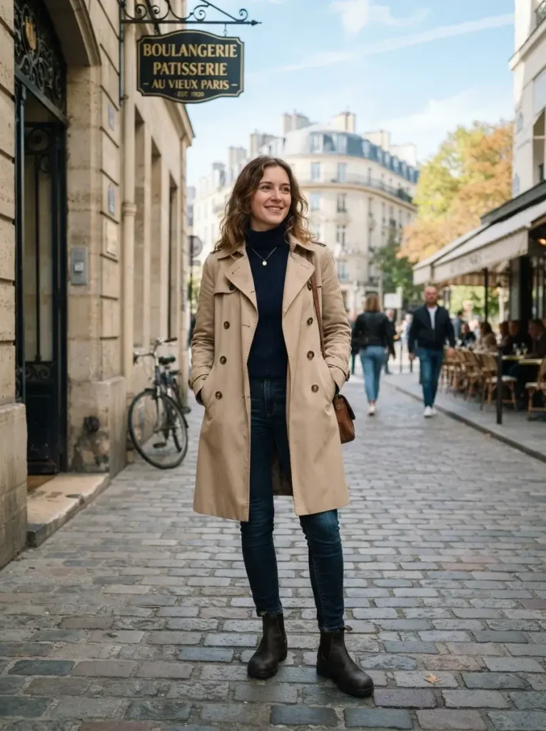 14 Midsize Fall Outfits That Actually Fit Real Life 12 Trench coat turtleneck dark jeans waterproof boots