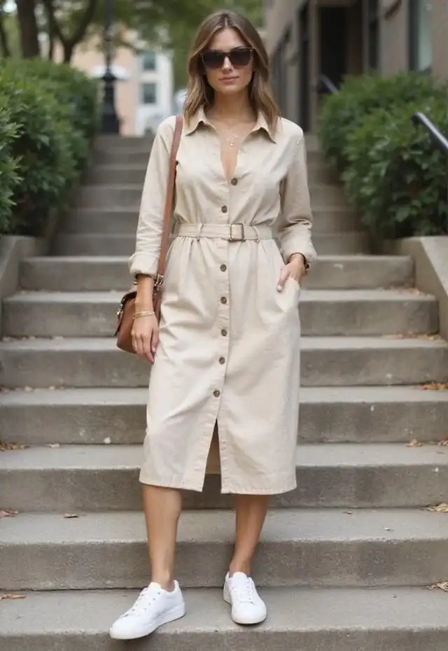Dress Season Isn’t Over: 15 Fall Outfits Dress Lovers Will Adore 14 Utility Dress With High Top Sneakers