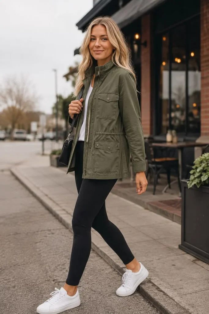 15 Early Fall Outfits That Make the Seasonal Style Switch Feel Effortless 11 Utility Jacket With Leggings and Sneakers