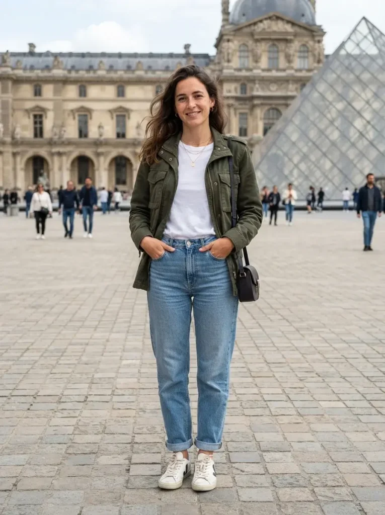 14 Midsize Fall Outfits That Actually Fit Real Life 7 Utility jacket tee relaxed jeans sneakers