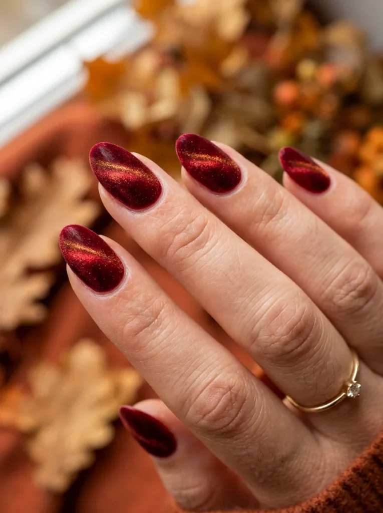 15 Red Fall Nails That Will Make Your Autumn Manicure Look Rich and Luxurious 7 Velvet Cat Eye Red