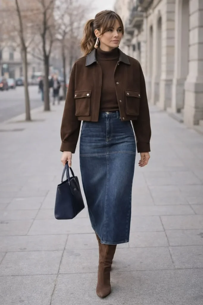 From Caramel to Chocolate: 16 Brown Fall Outfits That Look So Chic 8 Walnut Overshirt With an Ecru Denim Skirt