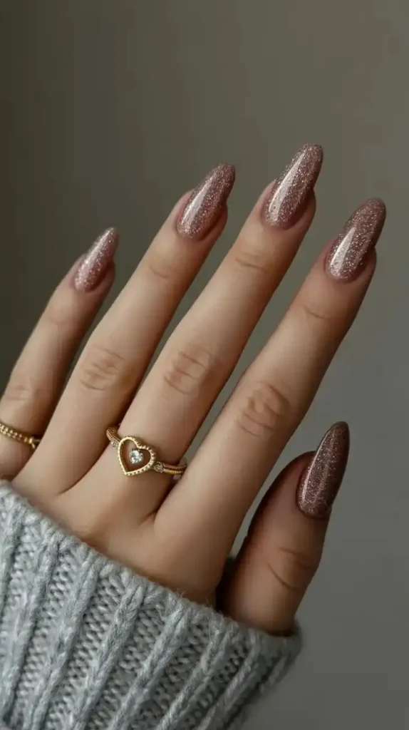 18 Fall Almond Nails That Will Make You Ditch Your Basic Manicure Forever 9 Warm Beige with Micro Glitter